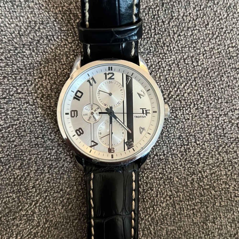 Trofish watch with black leather strap